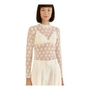 Farm Rio White Lace Long Sleeve Ruched Blouse Feminine Cottagecore Women's Small